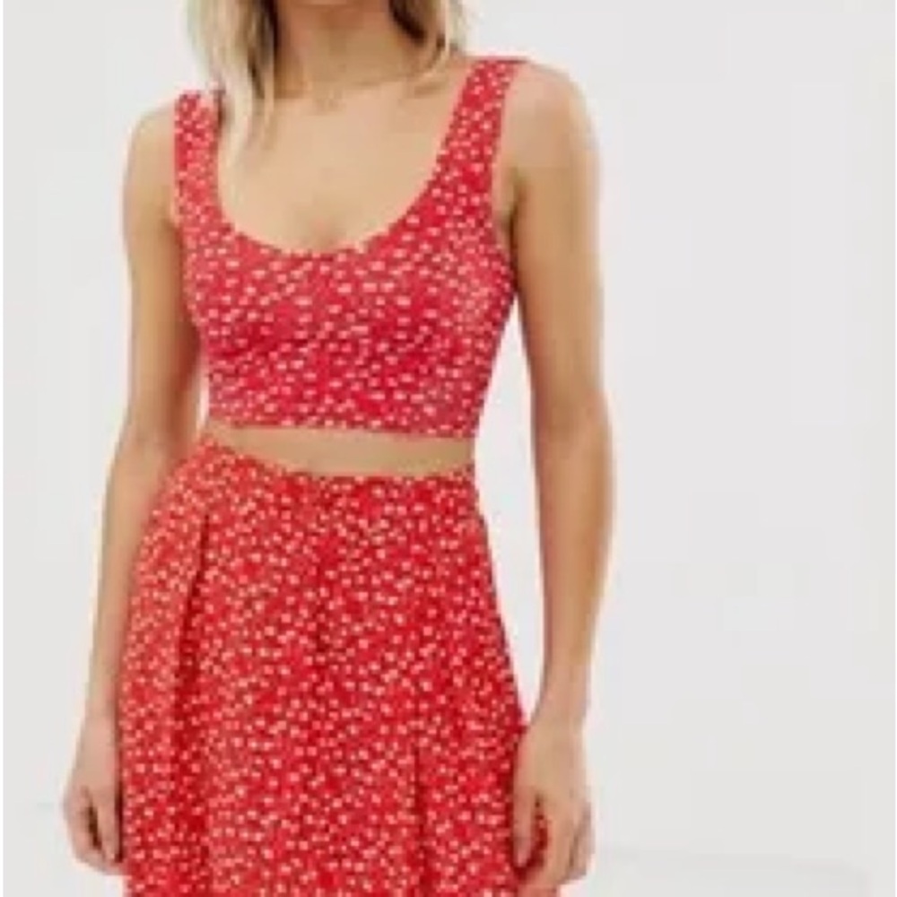 ASOS MONKI 2 piece crop top tank and high waisted button front skirt floral sz S